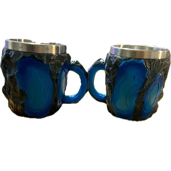 Blue Agate Inspired Stone Mugs with Stainless Steel Inserts (2) - Picture 1 of 6